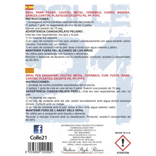 Cianocrilato secado lento 21 grms.