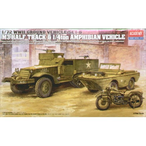 WWII US M3 Half Track, 1/4 Ton Amphibian Vehicle & Motorbike