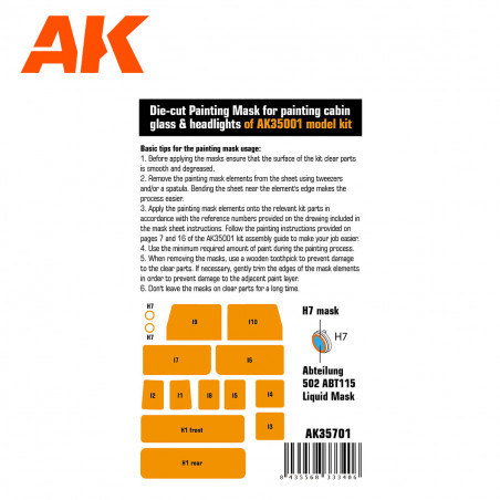 DIE-CUT PAINTING MASK FOR PAINTING CABIN GLASS & HEADLIGHTS OF AK35001 MODEL KIT