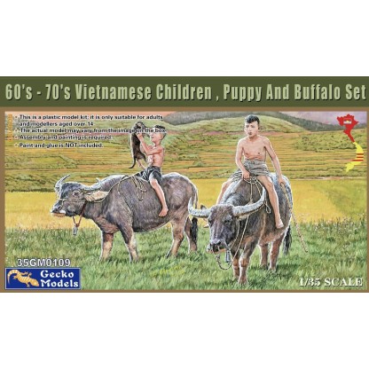 60's-70's Vietnamese Children, Puppy and Buffalo